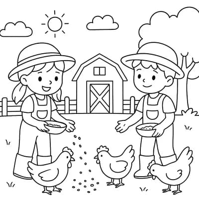 Farm Children Feeding Kleurplaat