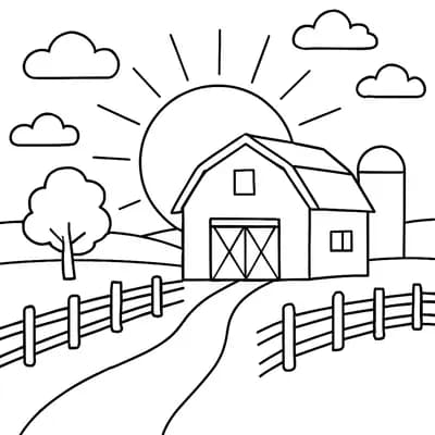 Farm Sunset Silhouette Kleurplaat