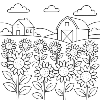 Zonnebloemveld Boerderij Kleurplaat