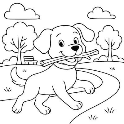 Dog With Stick Kleurplaat