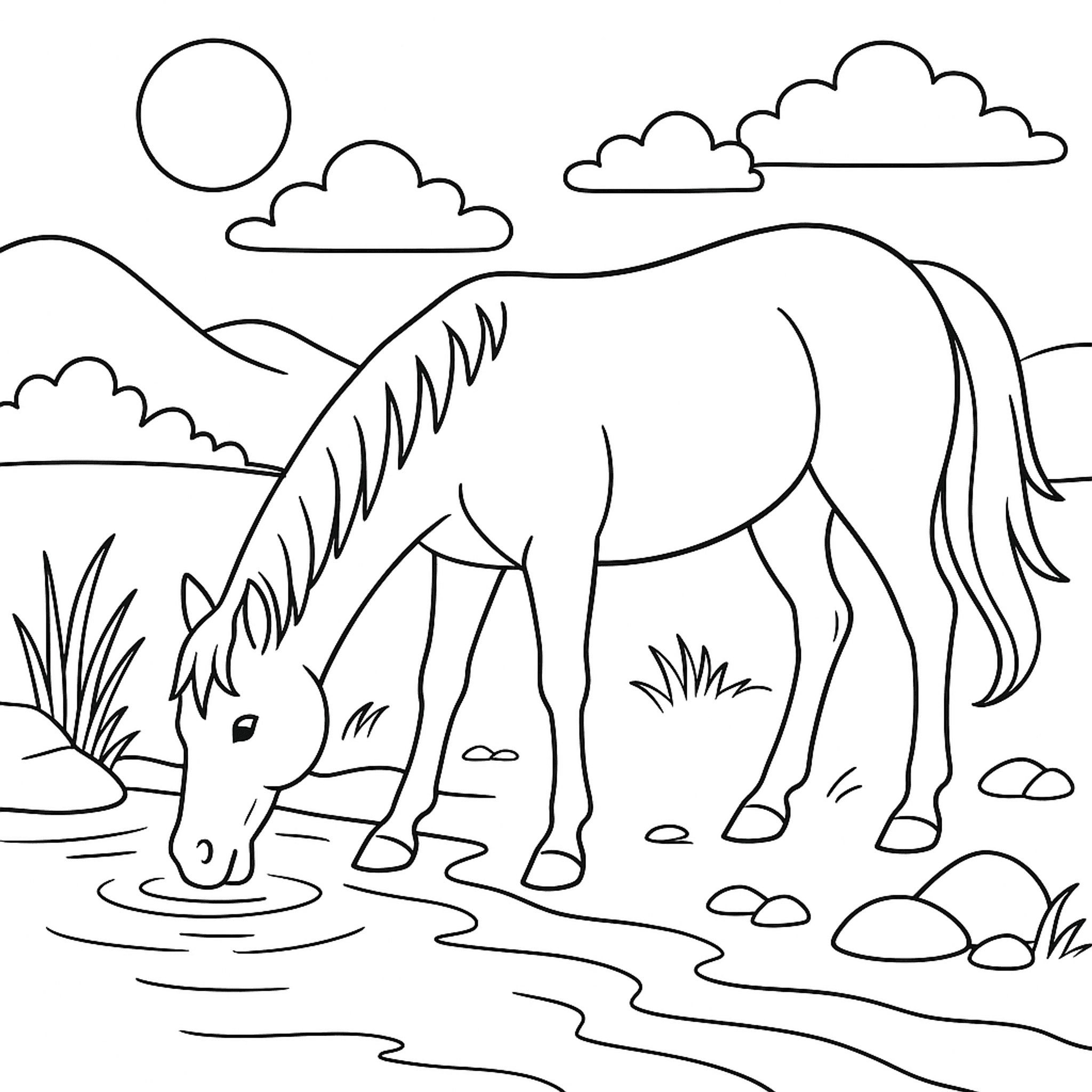 Paard bij Rivier Kleurplaat