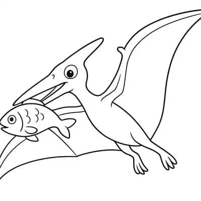 Vliegende Dino met Vis Kleurplaat