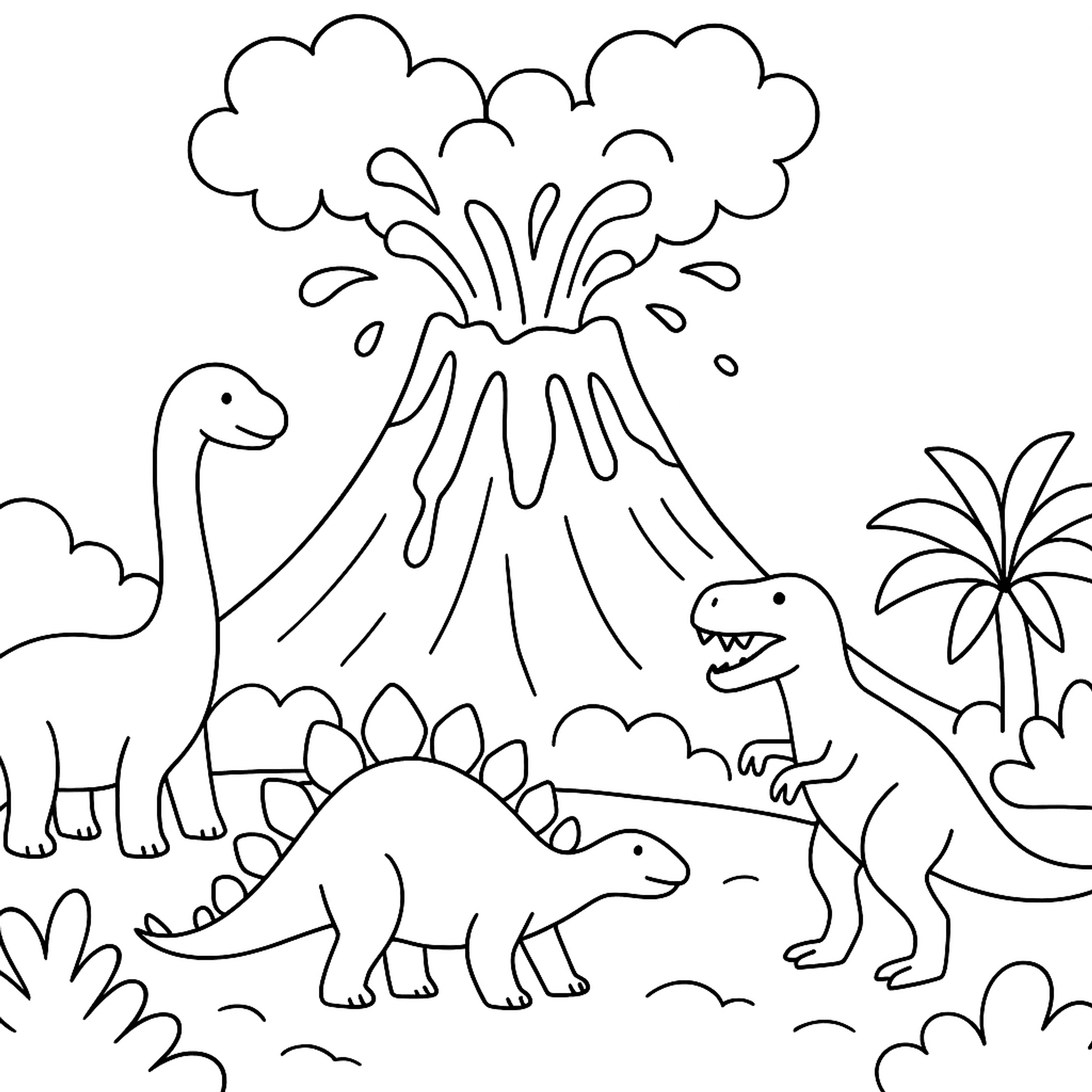 Vulkaan met Dinos Kleurplaat