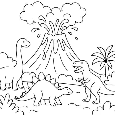 Vulkaan met Dinos Kleurplaat