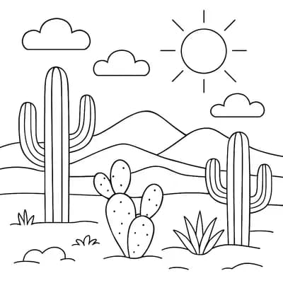 Woestijn met Cactus Kleurplaat