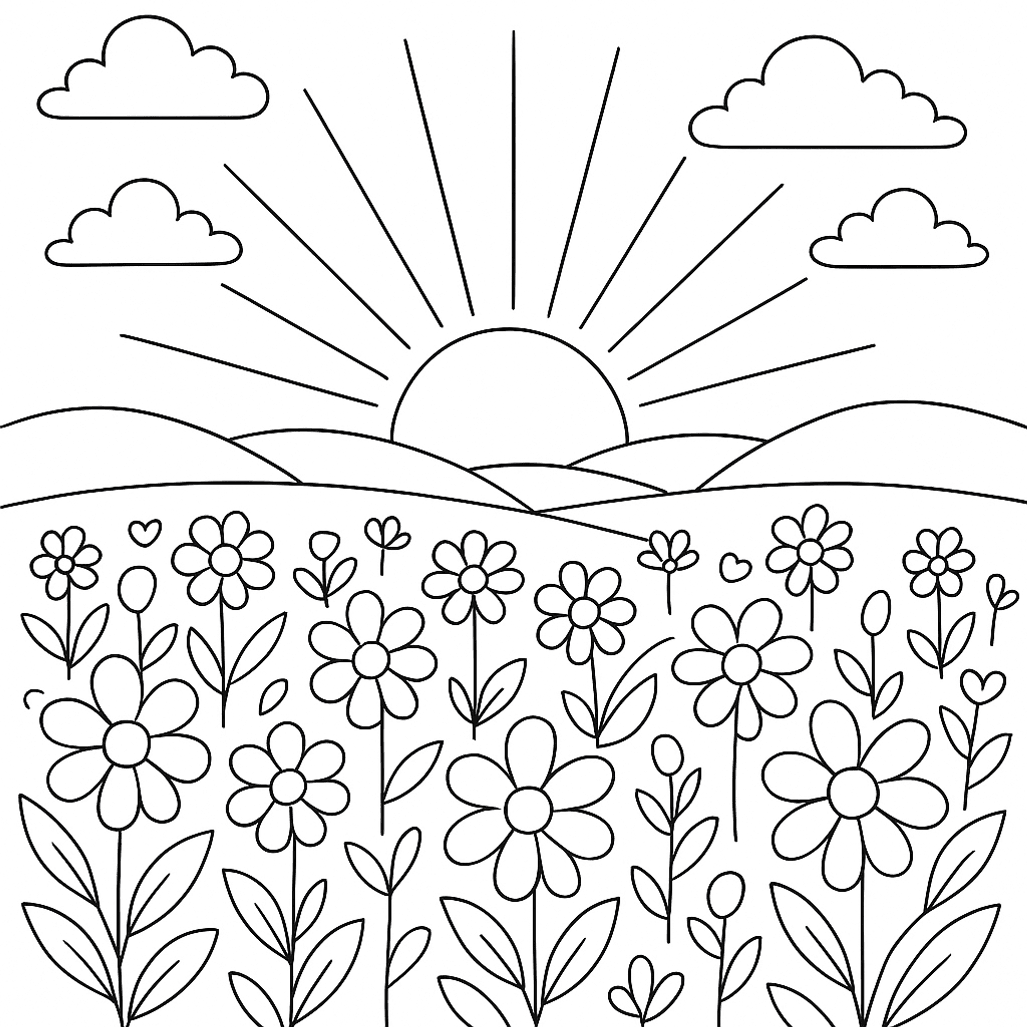 Bloemenveld bij Zonsondergang Kleurplaat