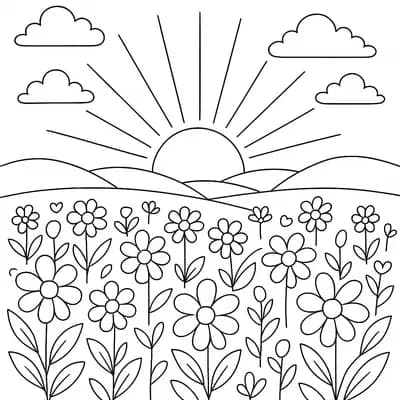 Bloemenveld bij Zonsondergang Kleurplaat
