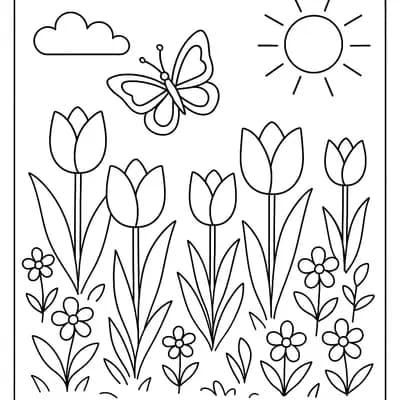 Lentetuin met Tulpen Kleurplaat