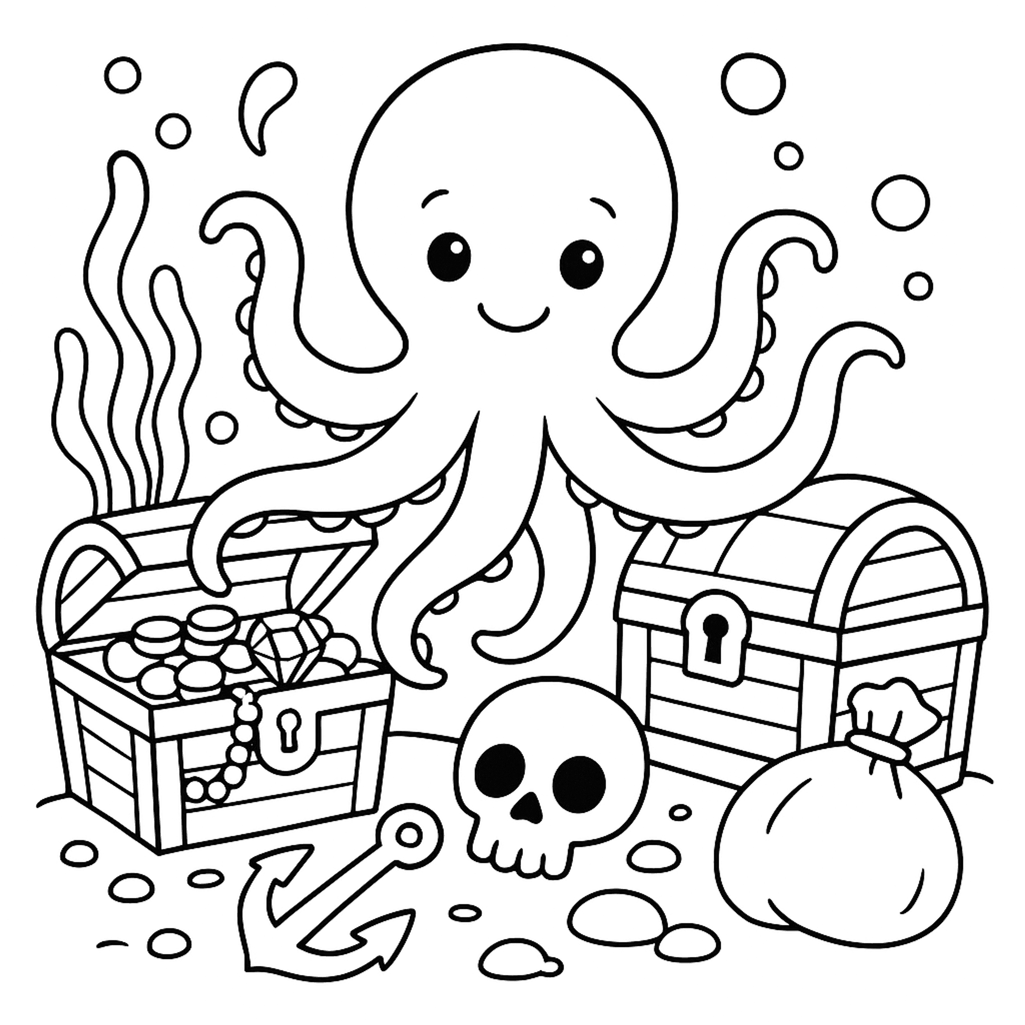 Octopus en Piratenschat Kleurplaat