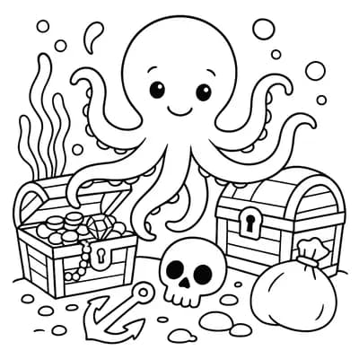 Octopus en Piratenschat Kleurplaat