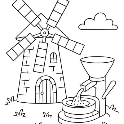 Medieval Windmill Grinding Kleurplaat