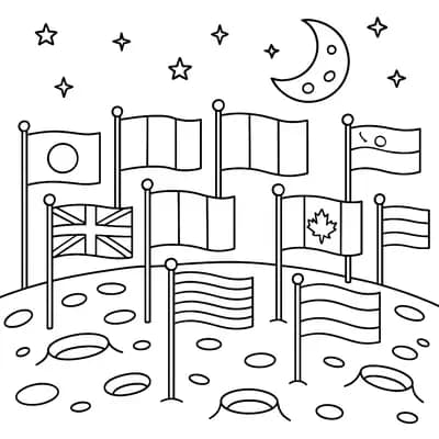 Vlaggen op de Maan Kleurplaat