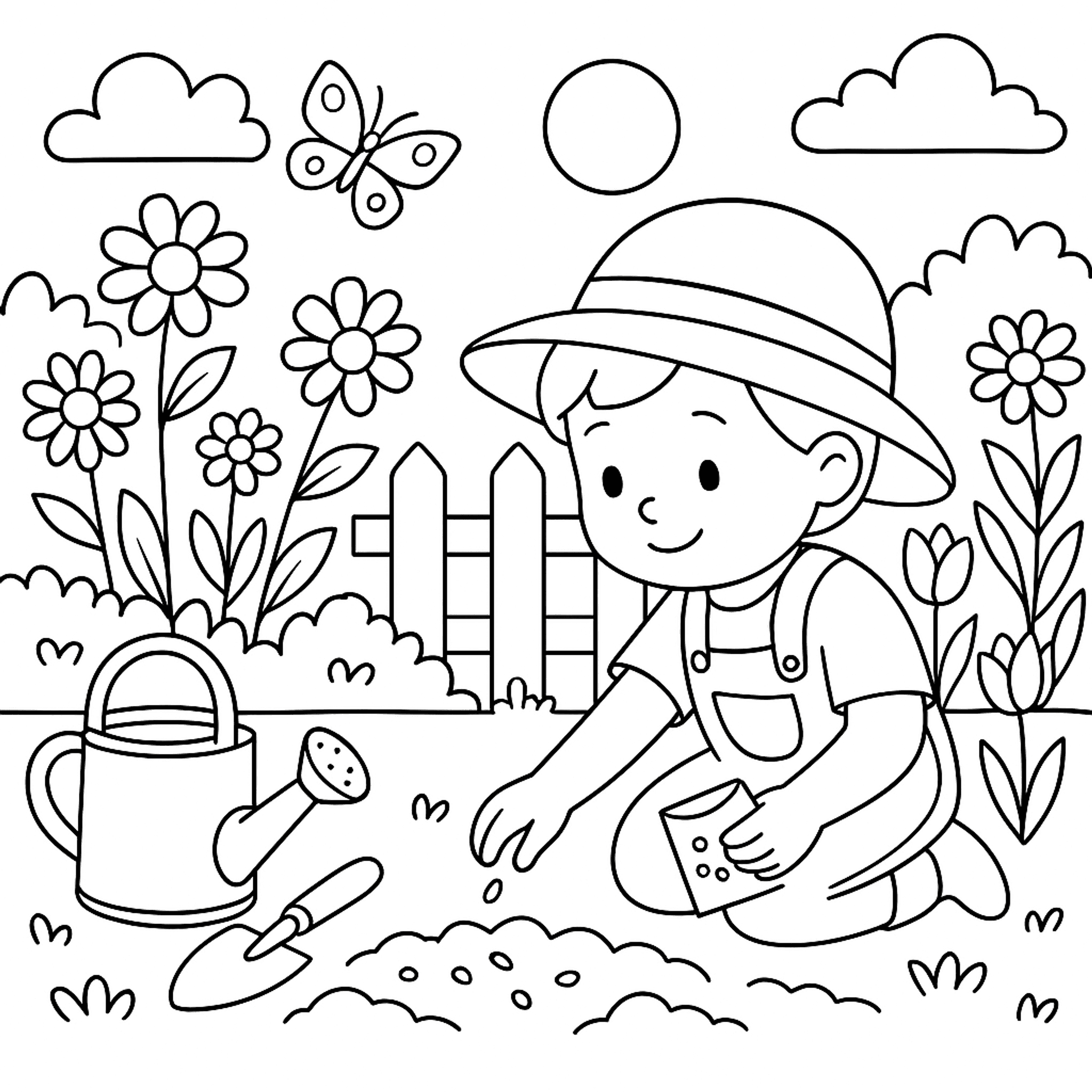 Zaaien in de Lentetuin Kleurplaat