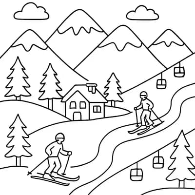 Skiën in de Winter Kleurplaat
